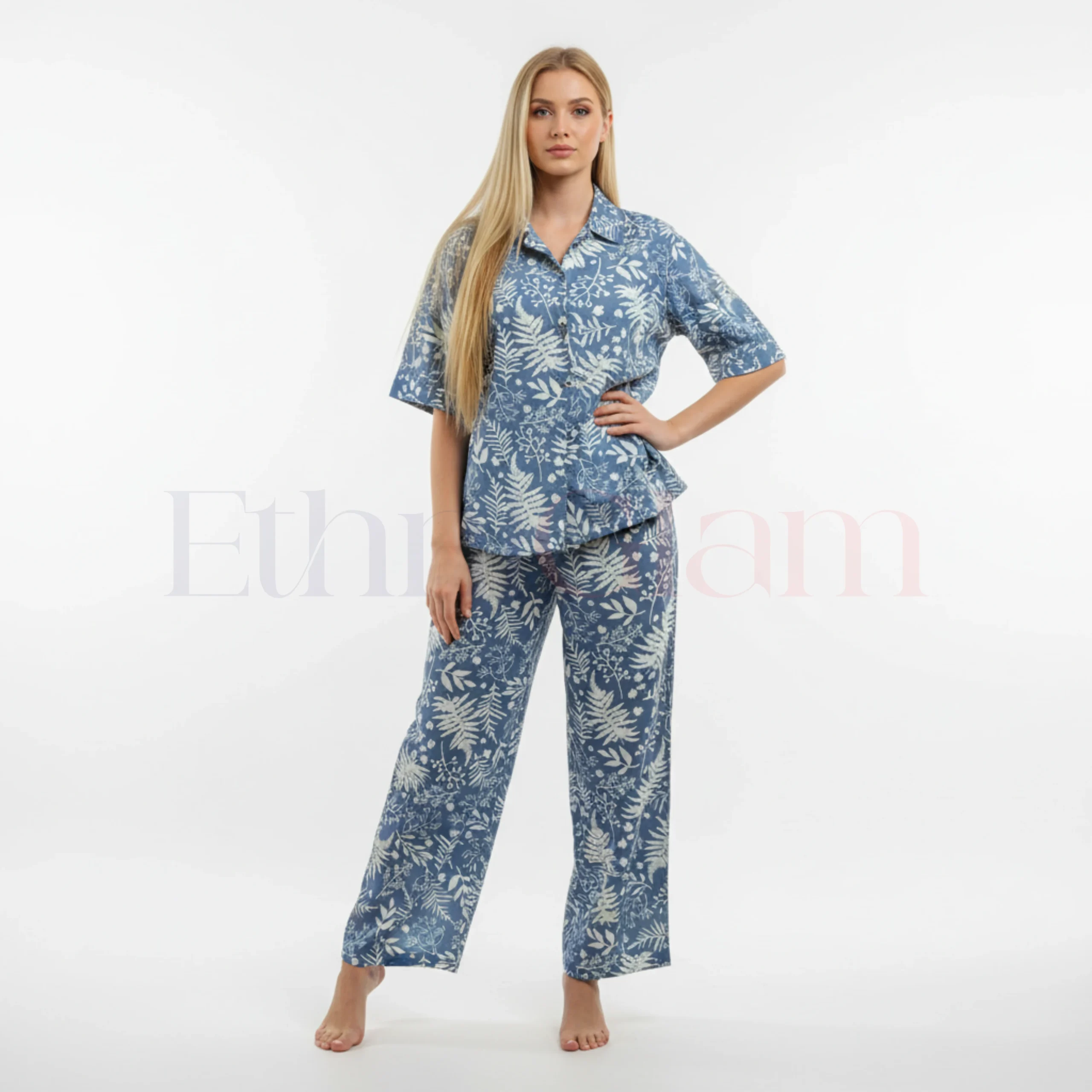 Popcorn Co-Ord Set – Dusty Blue with White Leaf Print (Loose Free Fit)
